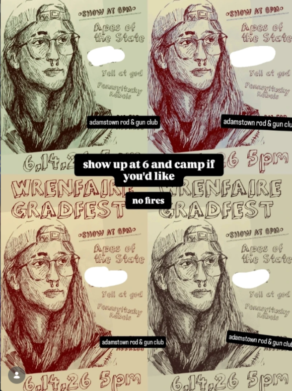 Flyer for Apes of the State, Yell At God, Pennsyltucky Rebels, Wayfaring Stranger