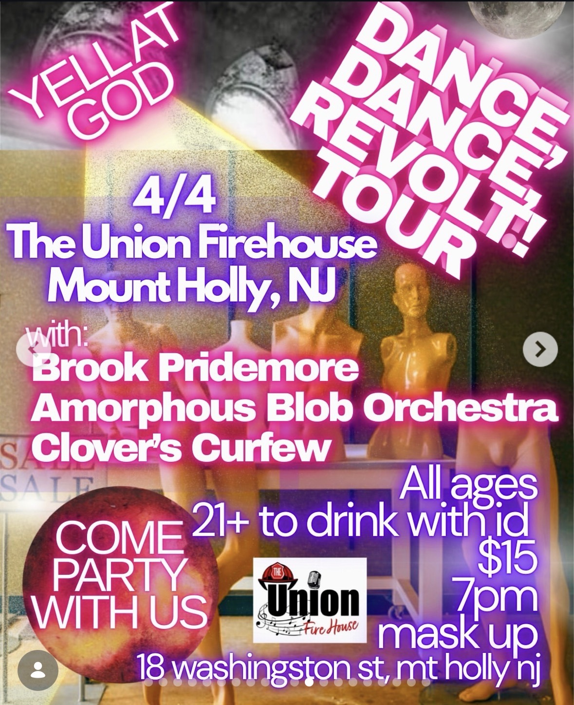 Flyer for Brook Pridemore, Yell At God, Clovers Curfew, Amorphous Blob Orchestra