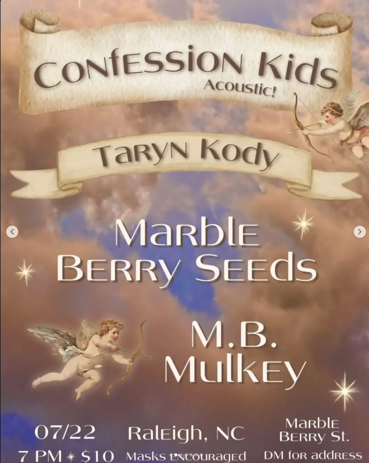 Flyer for Marble Berry Seeds, Taryn Kody, Confession Kids, M B Mulkey
