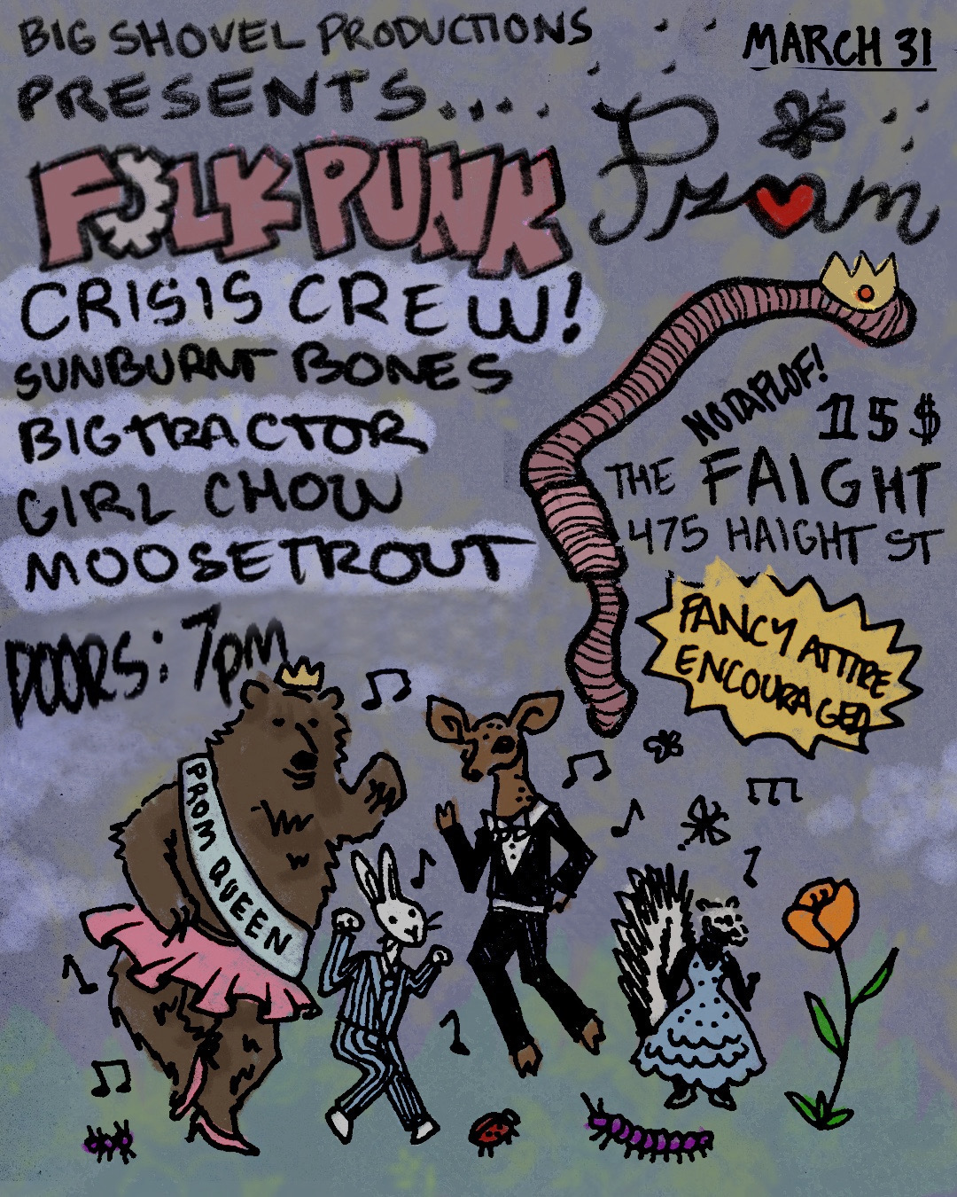Flyer for Sunburnt Bones, Crisis Crew, Big Tractor, Girl Chow, Moosetrout
