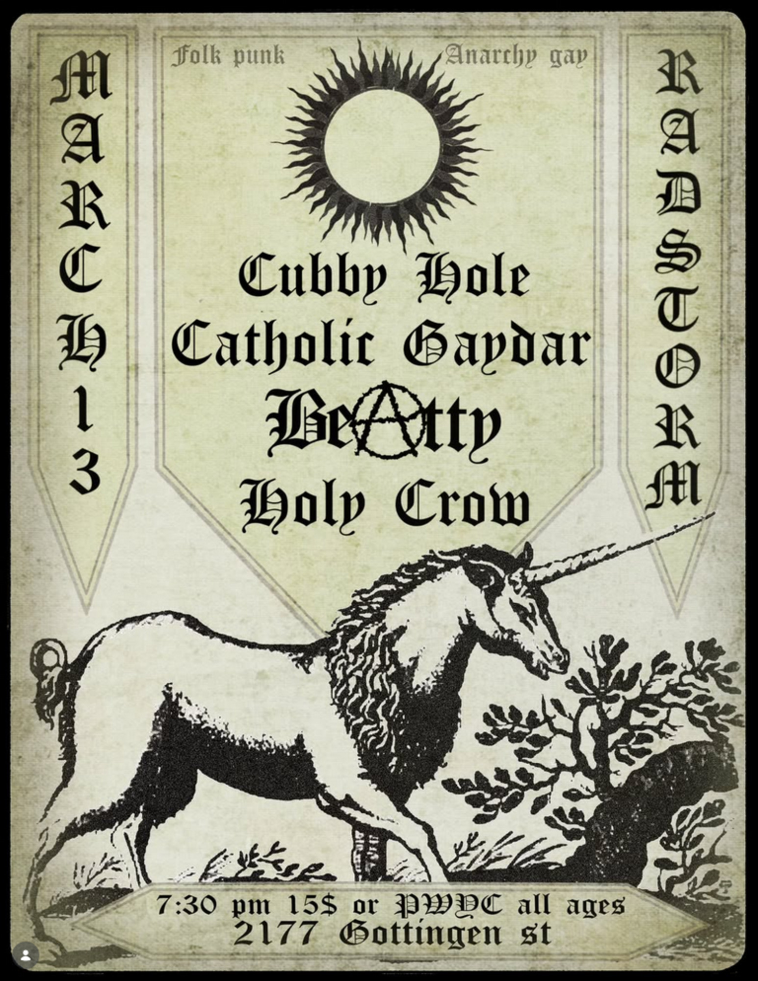 Flyer for Cubbyhole, Catholic Gaydar, Beatty, Holy Crow