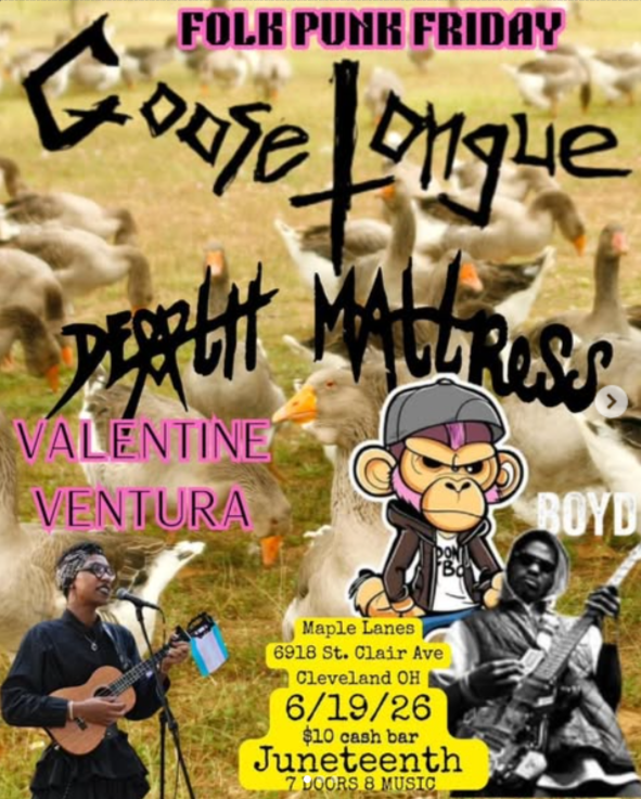 Flyer for Death Mattress, Goose Tongue, Valantine Ventura, Adonis Boyd