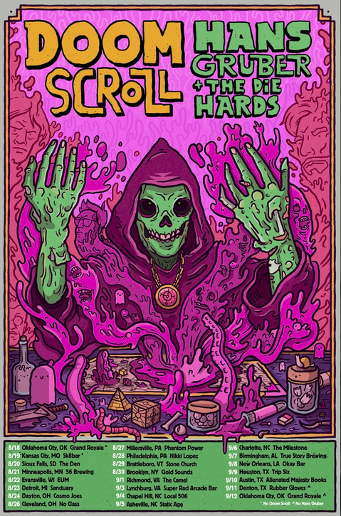 Flyer for Doom Scroll, Hans Gruber and the Die Hards, Kneeandertagne