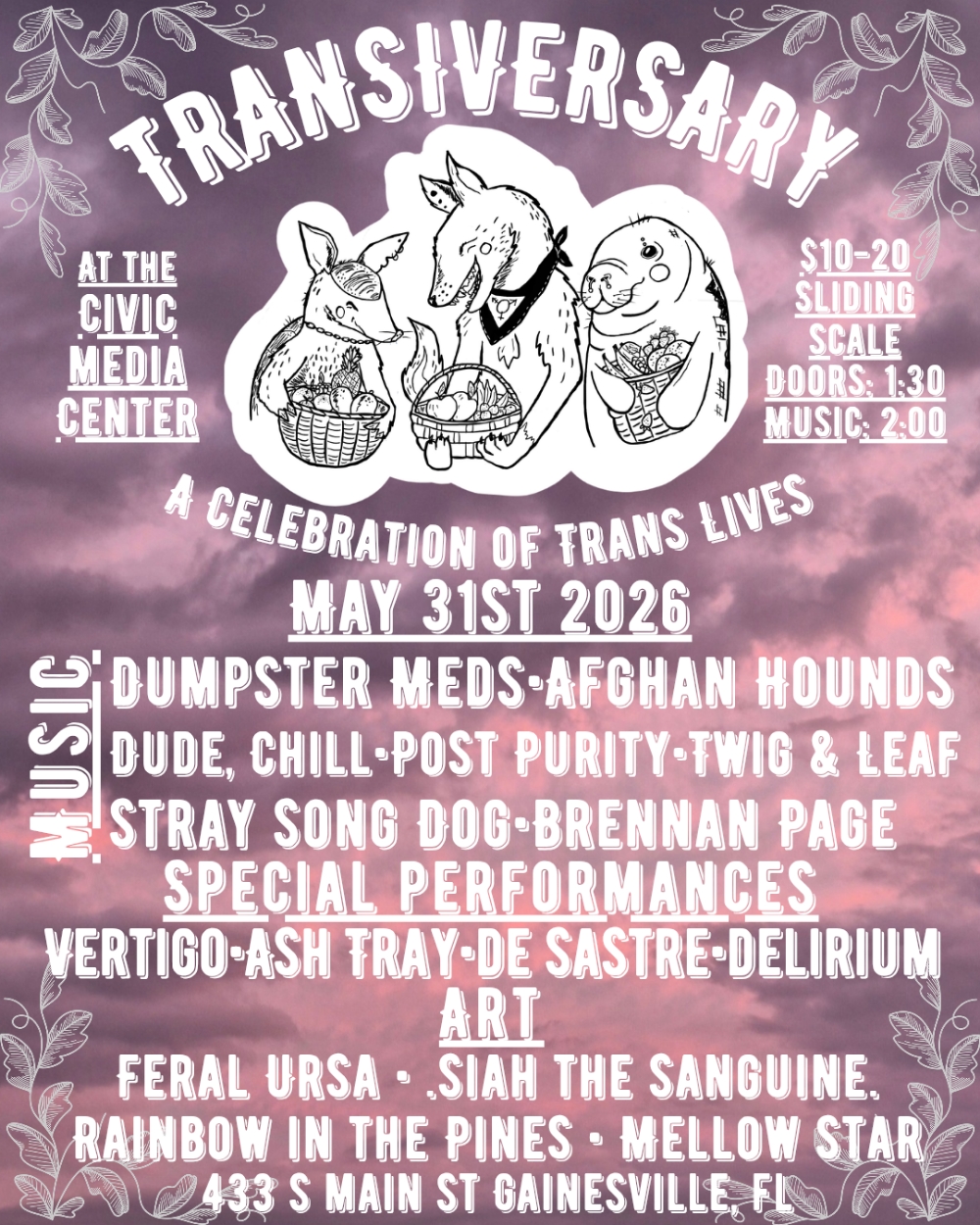 Flyer for Dumpster Meds, Dude Chill, Twig & Leaf, Stray Song Dog, Post Purity, Afghan Hounds, Brennan Page