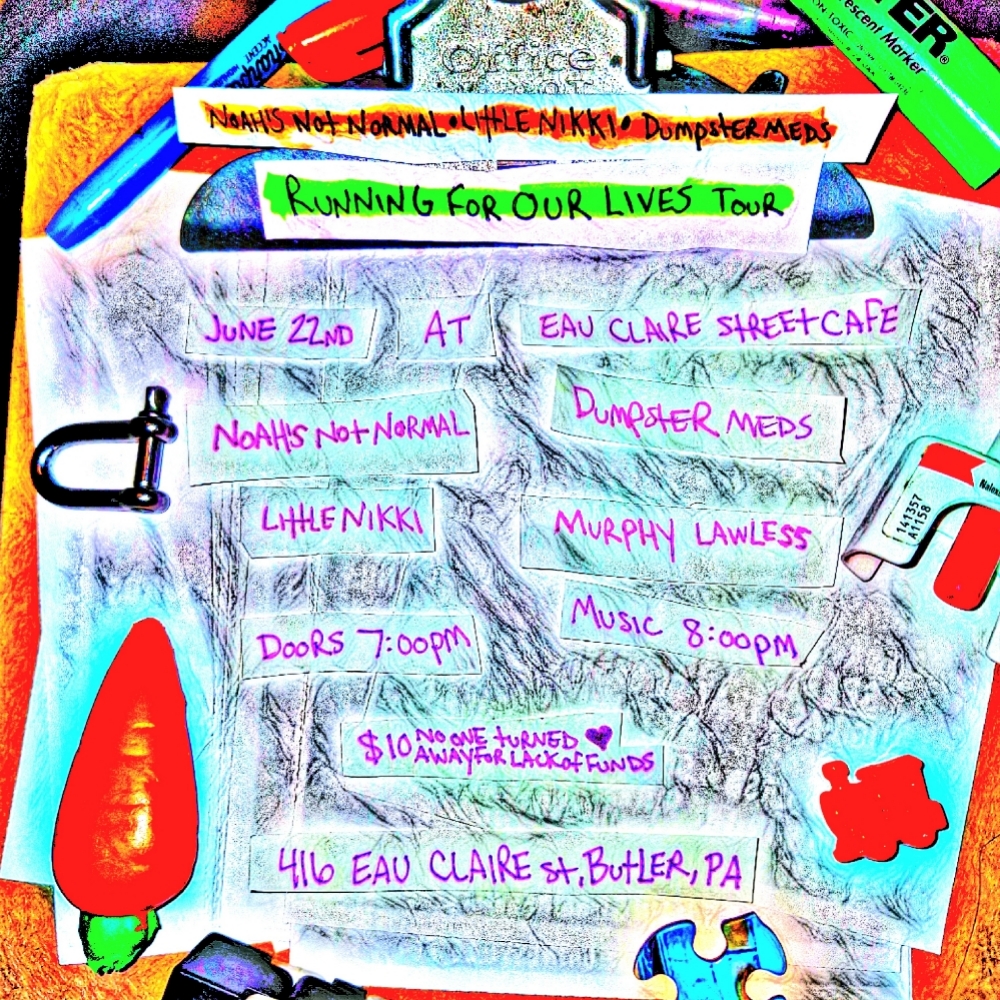 Flyer for Dumpster Meds, Little Nikki, Noah's Not Normal, Murphy Lawless