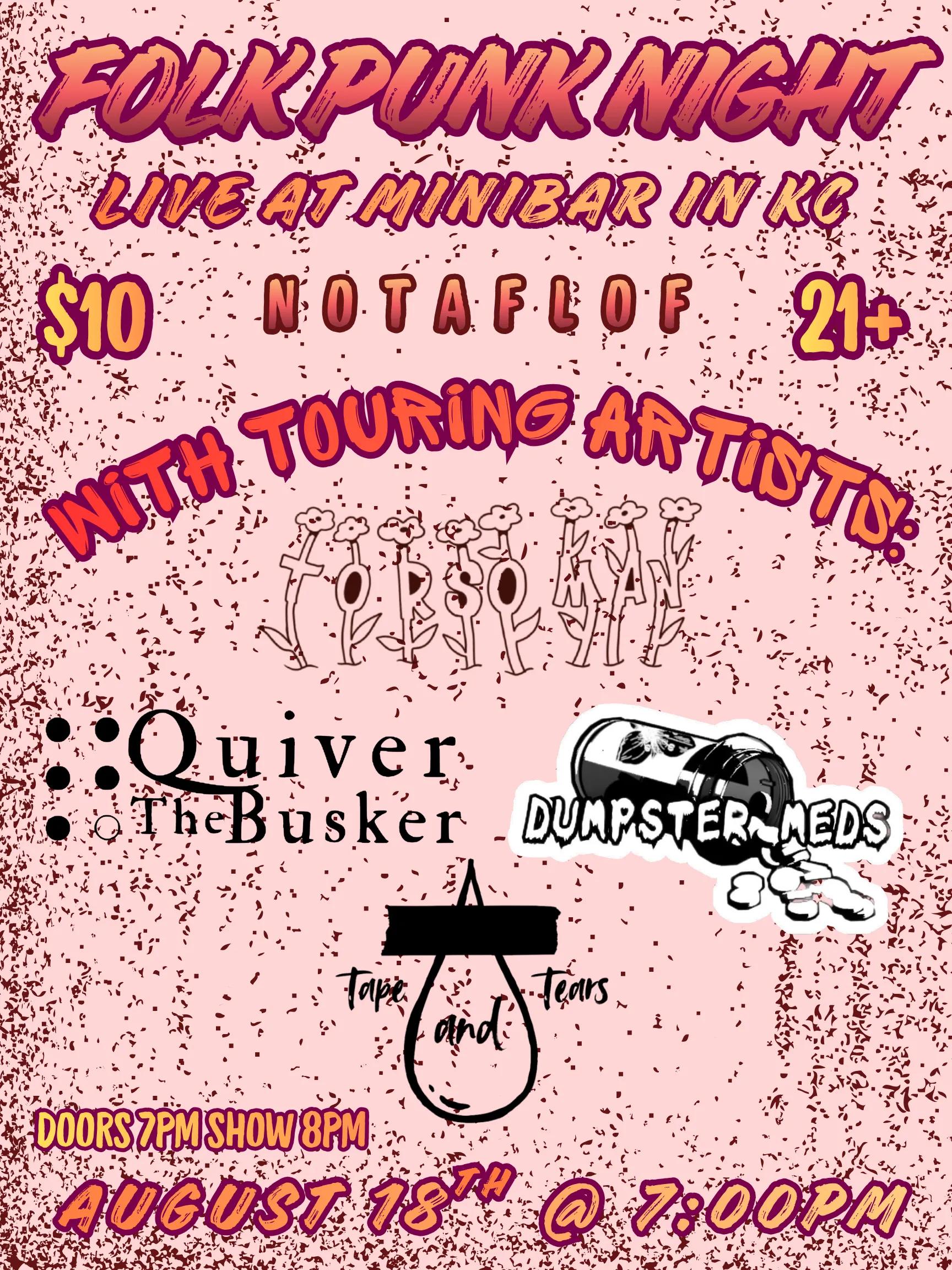 Flyer for Dumpster Meds, Tape and Tears, Quiver The Busker, Torso Man