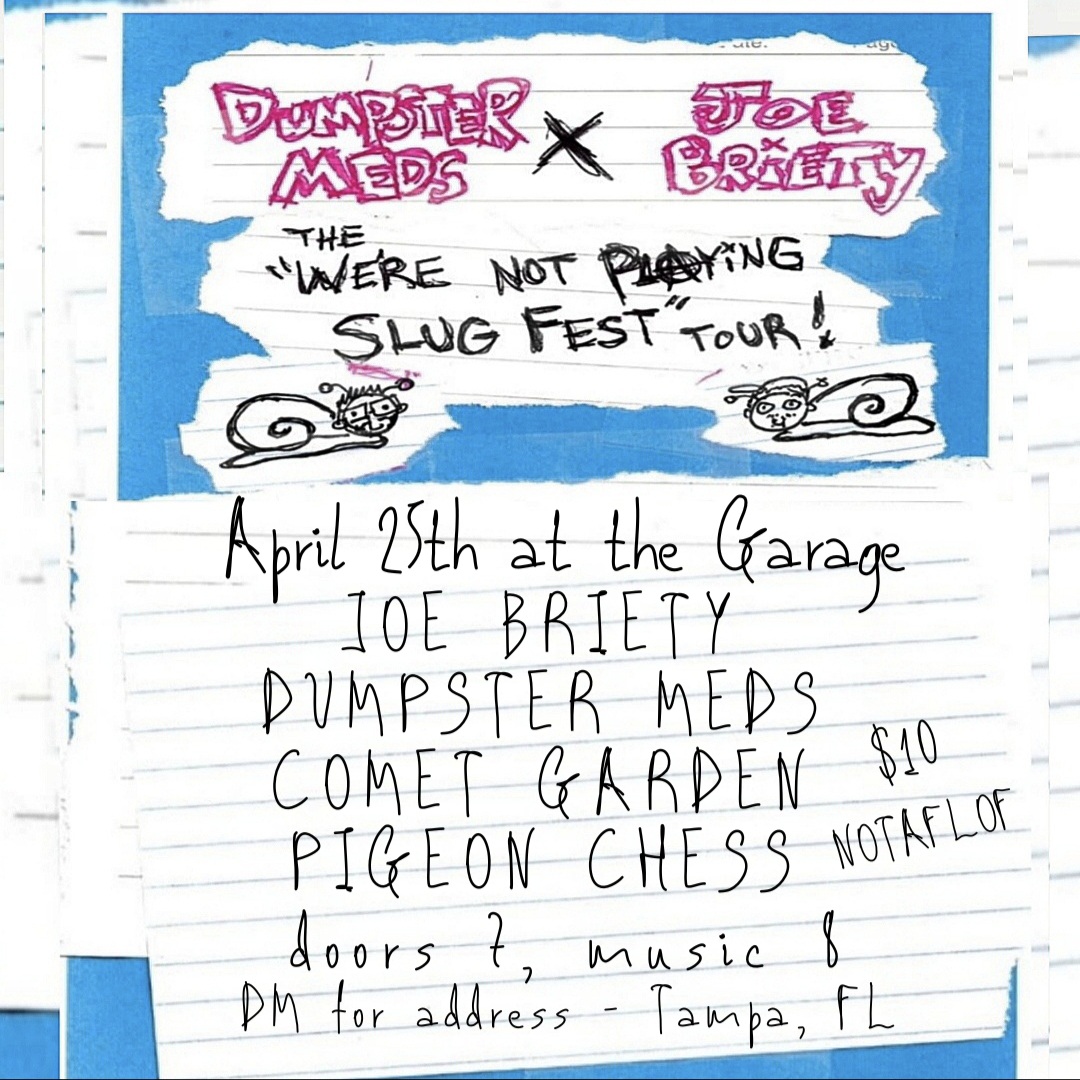 Flyer for Dumpster Meds, Pigeon Chess, Comet Garden, Joe Briety