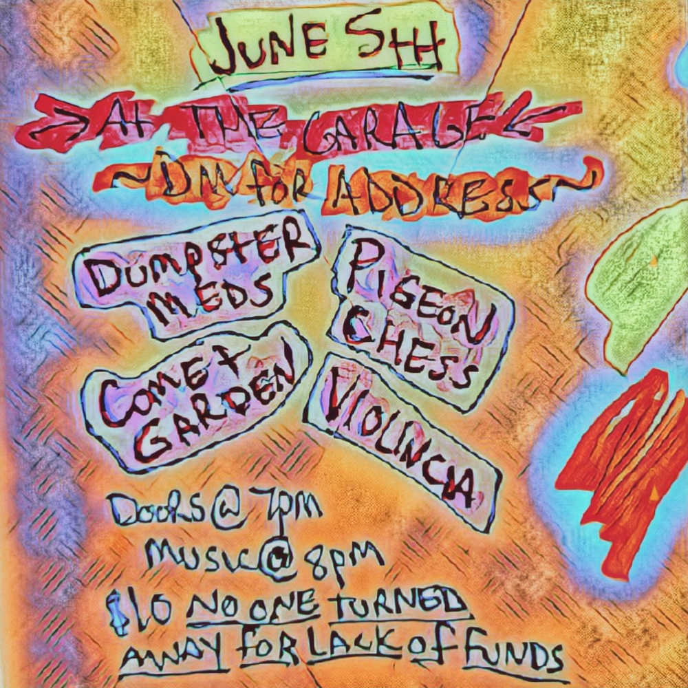 Flyer for Dumpster Meds, Pigeon Chess, Comet Garden, Violincia