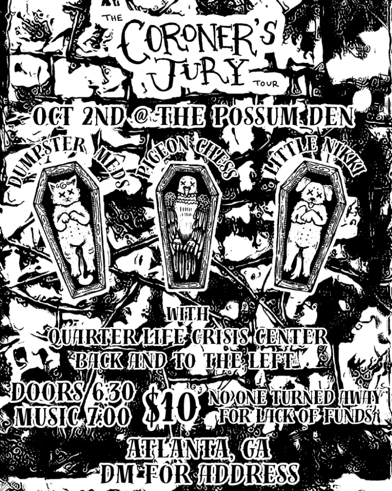 Flyer for Dumpster Meds, Pigeon Chess, Little Nikki, Back and to the Left, Quarter Life Crisis Center