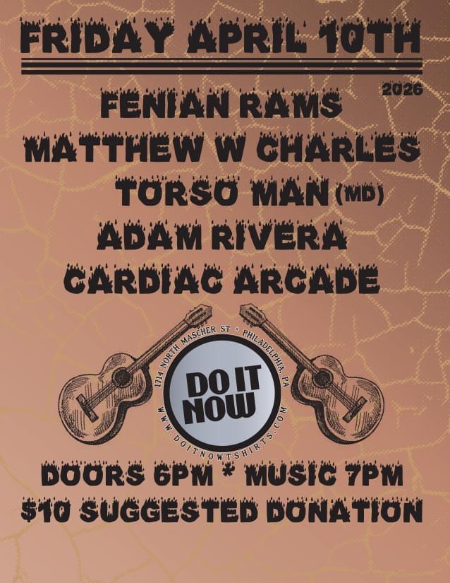 Flyer for Cardiac Arcade, Matthew W Charles, Torso Man, Fenian Rams, Adam Rivera