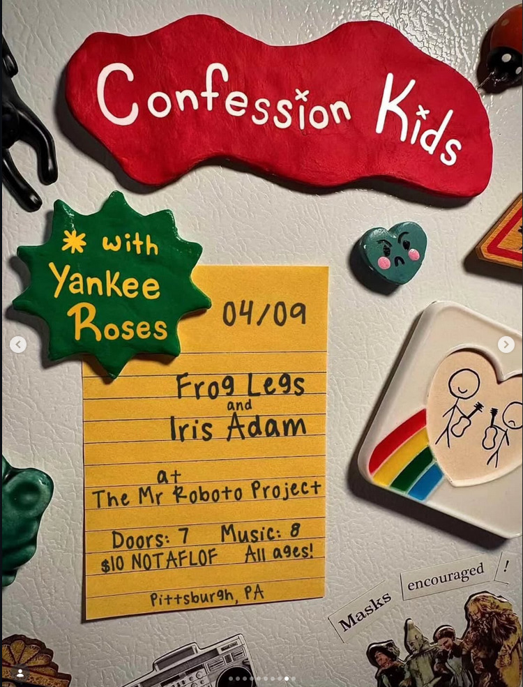 Flyer for Frog Legs, Confession Kids, Yankee Roses, Iris Adam