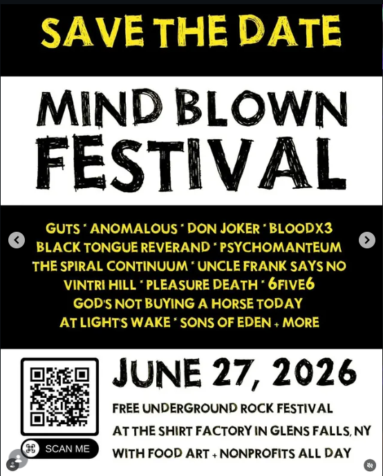 Flyer for God's Not Buying A Horse Today, Guts, Anomalous, Don Joker, Bloodx3, Black Tongue Reverand, Psychomanteum, The Spiral Continuum, Uncle Frank Says No, Vintri Hill, Pleasure Death, 6Five6, At Light's Wake, Sons of Eden