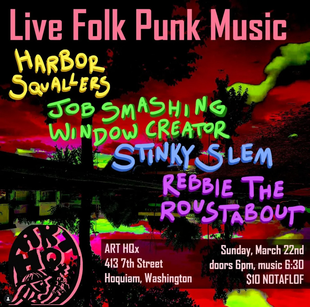 Flyer for Job Smashing Window Creator, Slinky Slim, Harbour Squallers, Rebbie The Roustabout