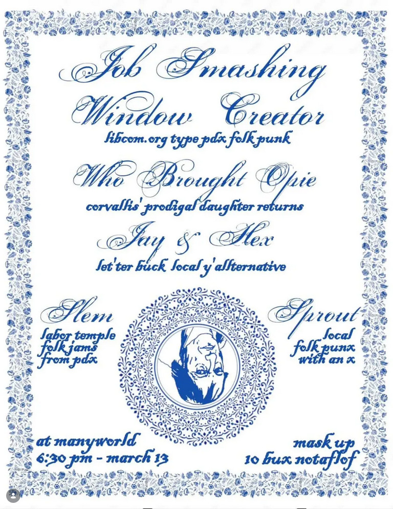 Flyer for Job Smashing Window Creator, Slinky Slim, Who Brought Opie, Jay & Hex, Sprout