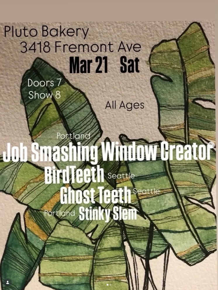 Flyer for Job Smashing Window Creator, Slinky Slim, Ghost Teeth, BirdTeeth