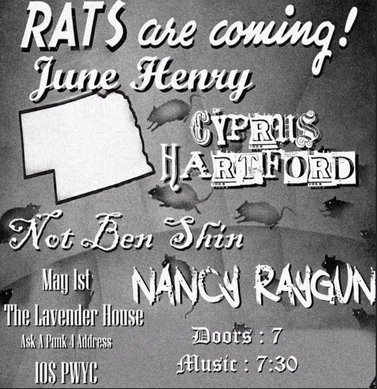 Flyer for Cyprus Hartford, June Henry, Not Ben Shin, Nancy Raygun
