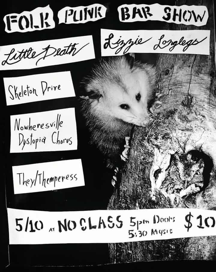 Flyer for Skeleton Drive, They/Themperess, Little Death, Lizzie Longlegs, Nowheresville Dystopia Chorus