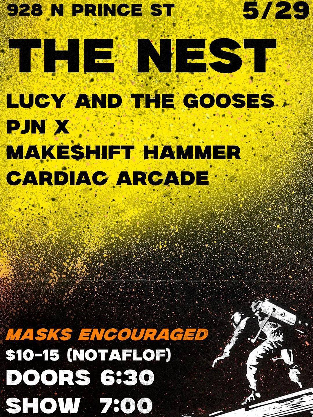 Flyer for pjn x, Cardiac Arcade, Lucy and The Gooses, Makeshift Hammer