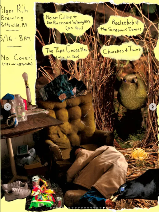 Flyer for Churches and Trains, Nolan Collins and the Raccoon Wranglers, Beelzebob and The Screamin' Demons, The Tape Cassettes