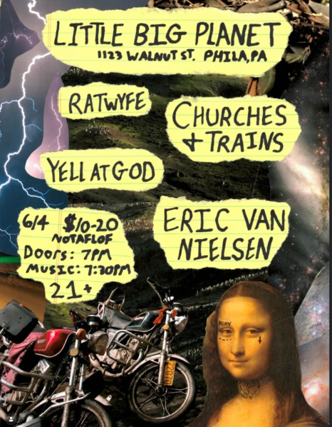 Flyer for Yell At God, Ratwyfe, Eric Van Nielsen, Churches and Trains