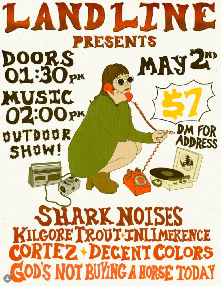 Flyer for God's Not Buying A Horse Today, Shark Noises, Kilgore Trout, Inlimerence, Cortez, Decent Colors