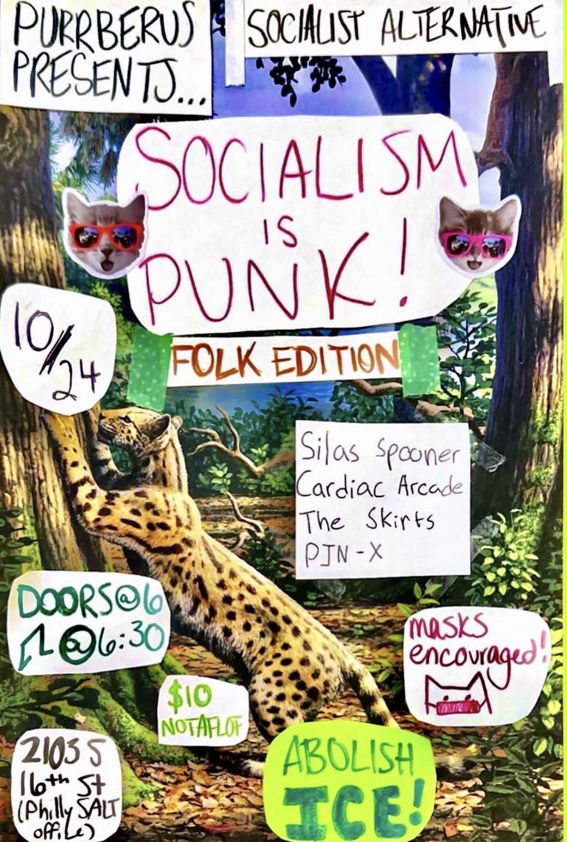 Flyer for pjn x, The Skirts, Cardiac Arcade, Silas Spooner