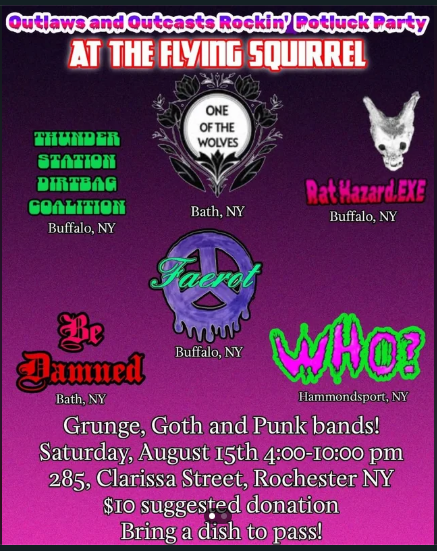 Flyer for Thunder Station Dirtbag Coalition, Faerot, One of the Wolves, Rat Hazard EYE, Be Damned, Who?