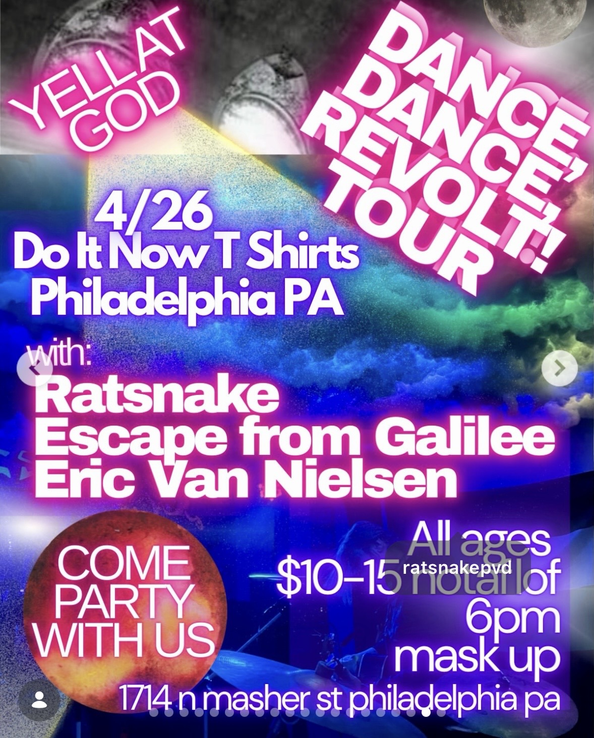 Flyer for Yell At God, Escape from Galilee, Ratsnake, Eric Van Nielsen