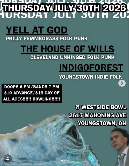 Flyer for Yell At God, The House of Wills, Indig0Forset